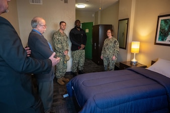 SAN DIEGO (Feb. 14, 2024) - Chief of Naval Operations Adm. Lisa Franchetti tours the Snyder Hall military housing apartments in San Diego, Feb. 14. Franchetti traveled to San Diego for WEST 2024, and to meet with Sailors, tour shipyards and installations, and communicate her priorities of warfighting, warfighters, and the foundation that supports them with the fleet. (U.S. Navy photo by Chief Mass Communication Specialist Michael B. Zingaro)