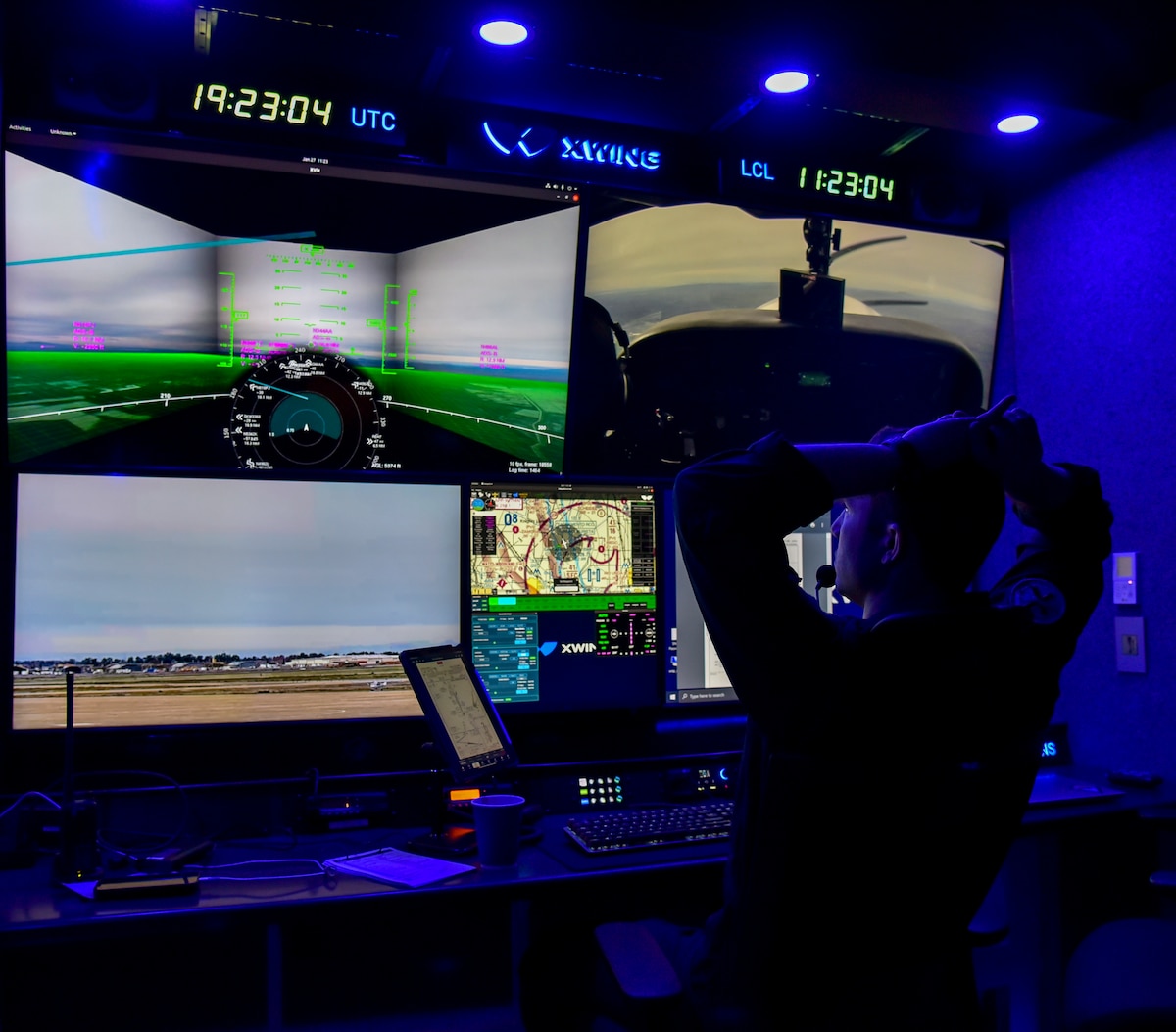 Craig Milliard, Xwing flight test manager, monitors an autonomous flight from the Xwing ground control station at McClellan Airfield in Sacramento, California, Jan. 27, 2024.