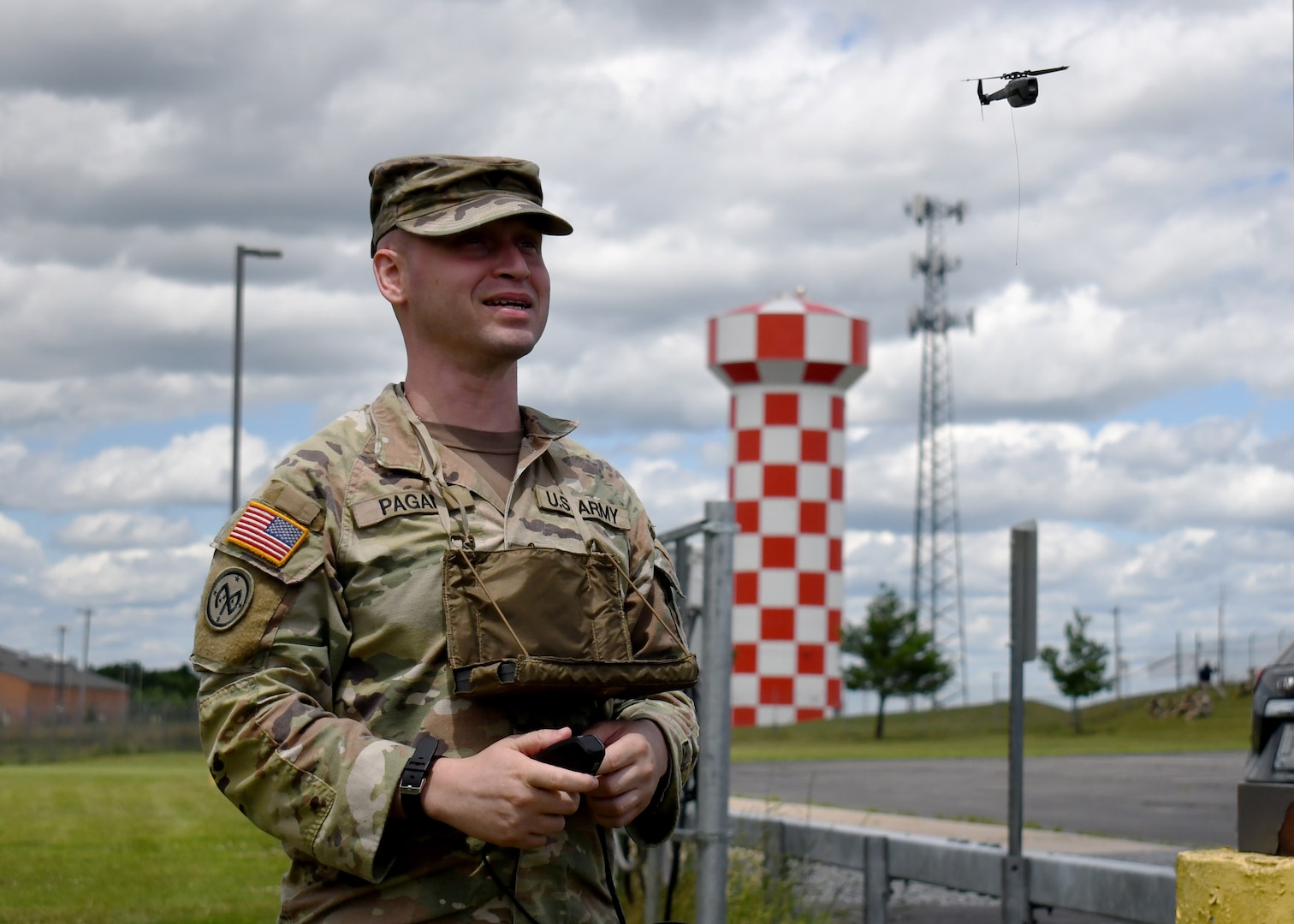 U.S. Army Spc. Johnny Pagan, an infantryman with the New York National Guard's 1st Battalion, 69th Infantry Regiment, controls a soldier-borne sensor unmanned aerial vehicle in Fort Drum, N.Y., June 27, 2024. The system is portable and can be controlled by a single Soldier, allowing the drone to complete dangerous work Soldiers usually perform.