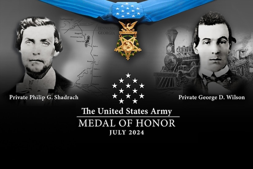 The images of two Civil War soldiers in black and white flank a Medal of Honor and the text: Medal of Honor July 2024.