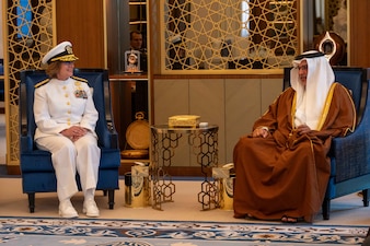MANAMA, Bahrain – Chief of Naval Operations Adm. Lisa Franchetti meets with Bahrain's Crown Prince and Prime Minister, His Royal Highness Salman bin Hamad Al Khalifa, June 4, 2024. During the visit, Franchetti applauded Bahrain for their leadership in the region and for hosting U.S. Navy’s 5th Fleet. (U.S. Navy photo by Chief Mass Communication Specialist Amanda Gray)