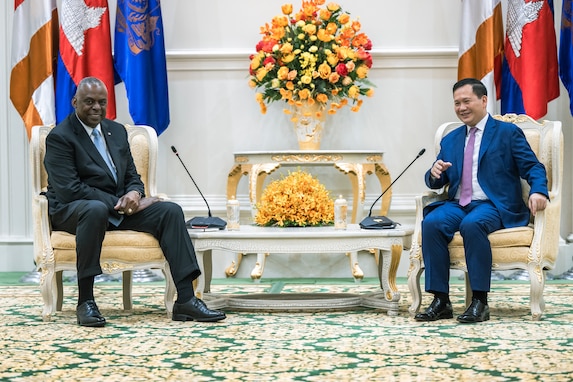 Secretary of Defense Lloyd J. Austin III meets with Cambodian Prime Minister Hun Manet during a visit to senior Cambodian government officials in Phnom Penh.