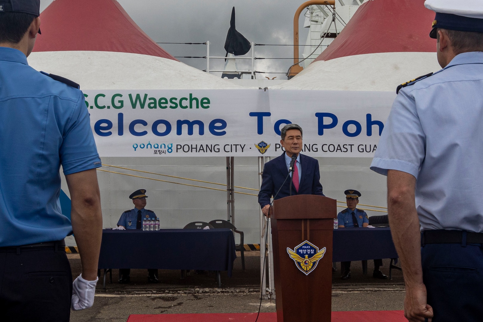 Lee Kang-Deok, the mayor of Pohang, Republic of Korea, gives remarks, during a reception welcoming U.S. Coast Guardsmen assigned to the U.S. Coast Guard Cutter Waesche (WMSL-751) in Pohang, Republic of Korea, June 9, 2024. The Waesche’s arrival marked the first visit by a U.S. Coast Guard ship to Pohang, which was marked with an opening ceremony between United States and Korea Coast Guardsmen. Waesche is the second U.S. Coast Guard National Security Cutter deployed to the Indo-Pacific in 2024. Waesche is assigned to Destroyer Squadron (DESRON) 15, the Navy’s largest DESRON and the U.S. 7th Fleet’s principal surface force. Coast Guard cutters routinely deploy to the region to engage with partner nations to ensure a free and open Indo-Pacific. (U.S. Marine Corps photo by Cpl. Elijah Murphy)