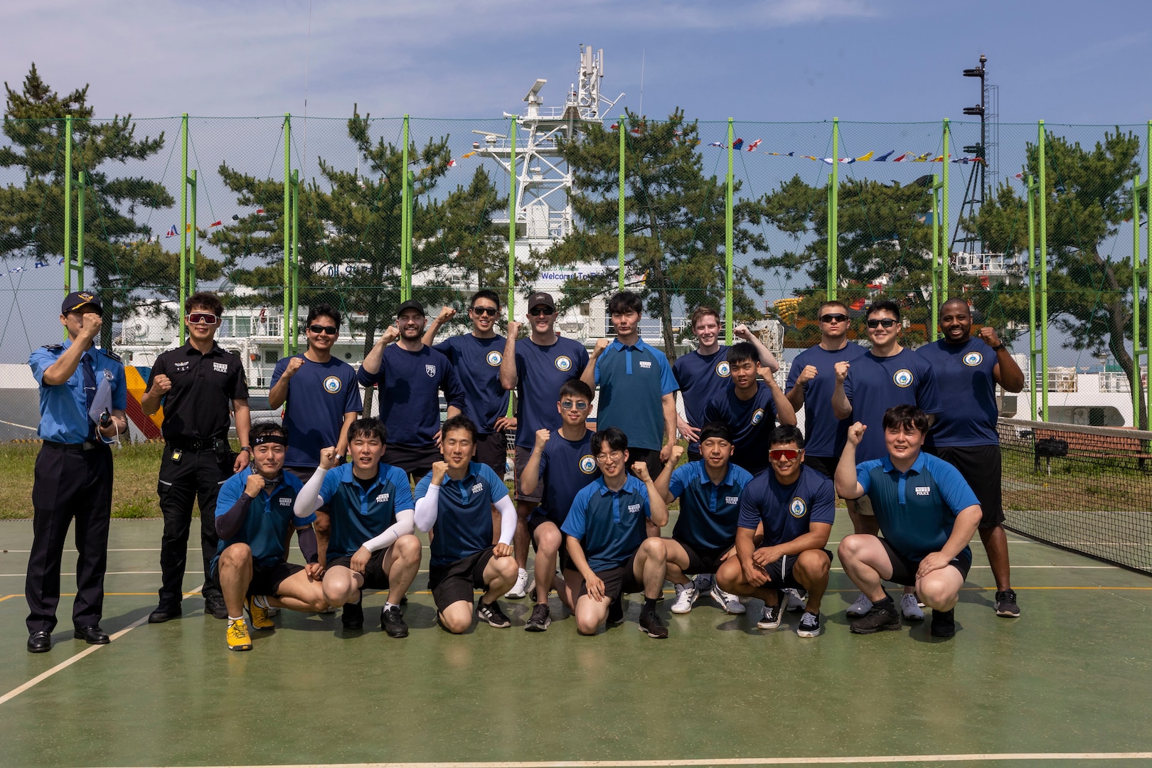 U.S. Coast Guardsmen assigned to the U.S. Coast Guard Cutter Waesche (WMSL-751) and members of the Korea Coast Guard pose for a photo during a sports day in Pohang, Republic of Korea, June 10, 2024. United States and Korea Coast Guardsmen came together to participate in a friendly competition of jokgu to build camaraderie between the servicemembers. Waesche is the second U.S. Coast Guard National Security Cutter deployed to the Indo-Pacific in 2024. Coast Guard cutters routinely deploy to the region to engage with partner nations to ensure a free and open Indo-Pacific. (U.S. Marine Corps photo by Cpl. Elijah Murphy)