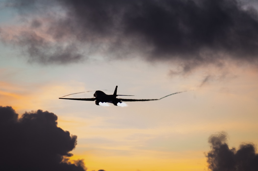 A B-1B Lancer assigned to the 37th Expeditionary Bomb Squadron flies in support of a Bomber Task Force mission during sunrise