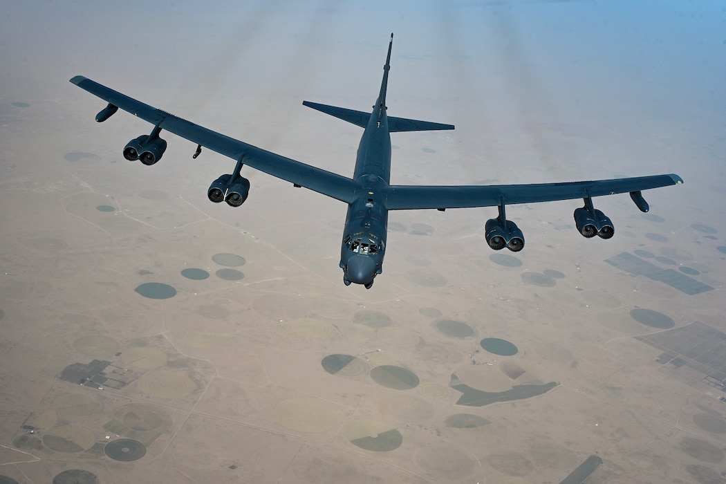 A U.S. Air Force B-52 Stratofortress, assigned to the 5th Bomb Wing, conducts aerial refueling with a KC-135 Stratotanker