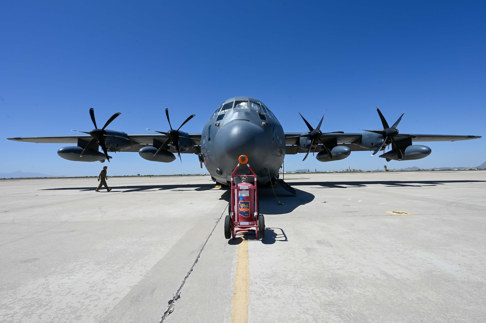 A U.S. Air Force HC-130J Combat King II sits on the flightline at Davis-Monthan Air Force Base, Ariz., May 12, 2023. The HC-130J provides rapidly deployable combat search and rescue forces to theater commanders worldwide.