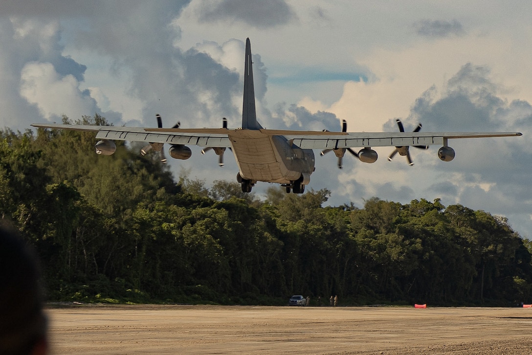 A U.S. Marine Corps KC-130J Super Hercules aircraft with 1st Marine Air Wing, lands on a newly designated airstrip on the island of Peleliu, Republic of Palau, June 22, 2024. For the first time since its recertification in June, a military fixed-wing aircraft has touched down on the historic Peleliu airstrip, marking a significant and triumphant return to this iconic World War II site. (U.S. Marine Corps photo by Lance Cpl. Hannah Hollerud)