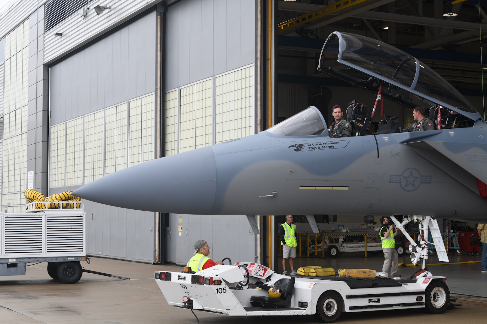 Oregon Air National Guard Majors Calvin Conner and Brandon  Wigton, assigned to the 142nd Wing, 123rd Fighter Squadron, in Portland, prepare for takeoff with the newest F-15EX in Berkley, Missouri, June 5, 2024. Eighteen new EX models will be assigned to the 142nd Wing at Portland Air National Guard base.