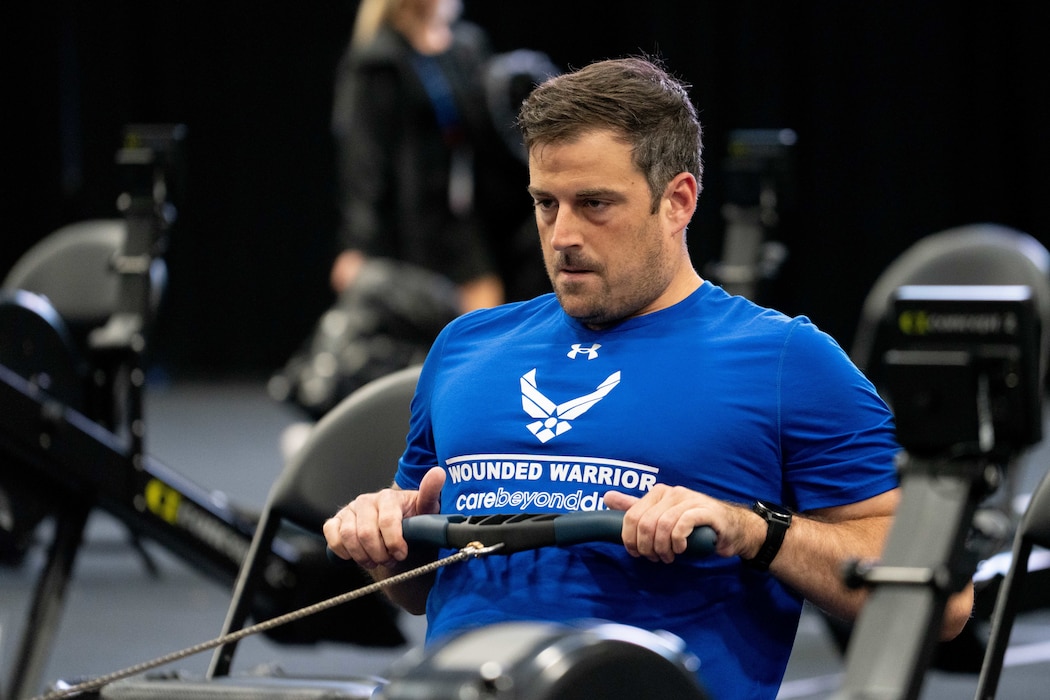 Senior Master Sgt. Justin Beasley warms up in preparation for a rowing competition