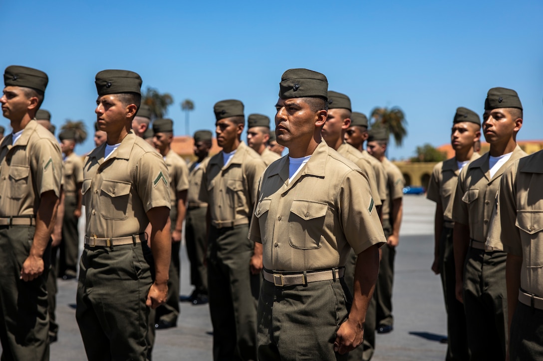 U.S. Marine Corps Pfc. Jonas Hernandez, a native of Mexico and recruited from Thousand Oaks, Calif. with Echo Company, 2nd Recruit Training Battalion, is recognized in formation during a naturalization ceremony at Marine Corps Recruit Depot, San Diego, June 27, 2024. The naturalization ceremony took place during family day to recognize Marines who became United States citizens by completing bootcamp. (U.S. Marine Corps photo by Sgt. Yvonna Guyette)