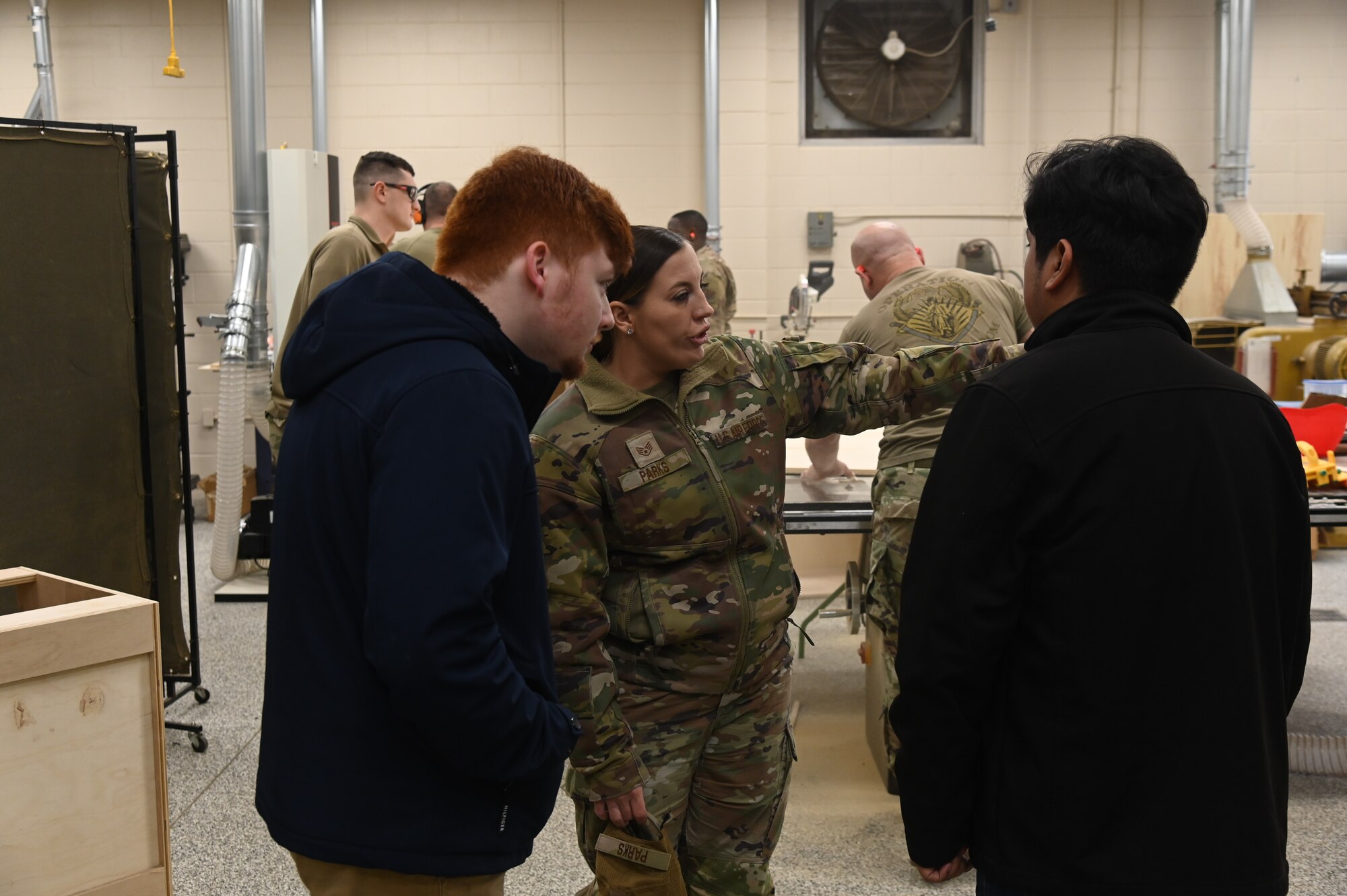 Maryland Air National Guard Staff Sgt. Brooke Parks, 175th Force Support Squadron recruiter, speaks with guests at Martin State Air National Guard Base, Middle River, Maryland, Feb. 4, 2024.