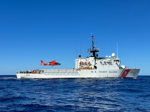 A U.S. Coast Guard MH-65 Dolphin helicopter crew lands on the flight deck of the Coast Guard Cutter Campbell (WMEC 909), Feb. 8, in the North Pacific Ocean. Campbell is a 270-foot, Famous-class medium endurance cutter. The cutter's primary missions are counter-narcotics, migrant interdiction, living marine resources protection, and search and rescue in support of U.S. Coast Guard operations throughout the Western Hemisphere.