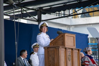 Chief of Naval Operations Adm. Lisa Franchetti gives remarks during the U.S. Naval Academy's Class of 2024 graduation ceremony at Navy-Marine Corps Stadium, Annapolis, Md., May 24, 2024. This year’s class graduated more than 1000 new Navy ensigns and Marine Corps 2nd lieutenants. (U.S. Navy photo by Mass Communication Specialist 1st Class William Spears)