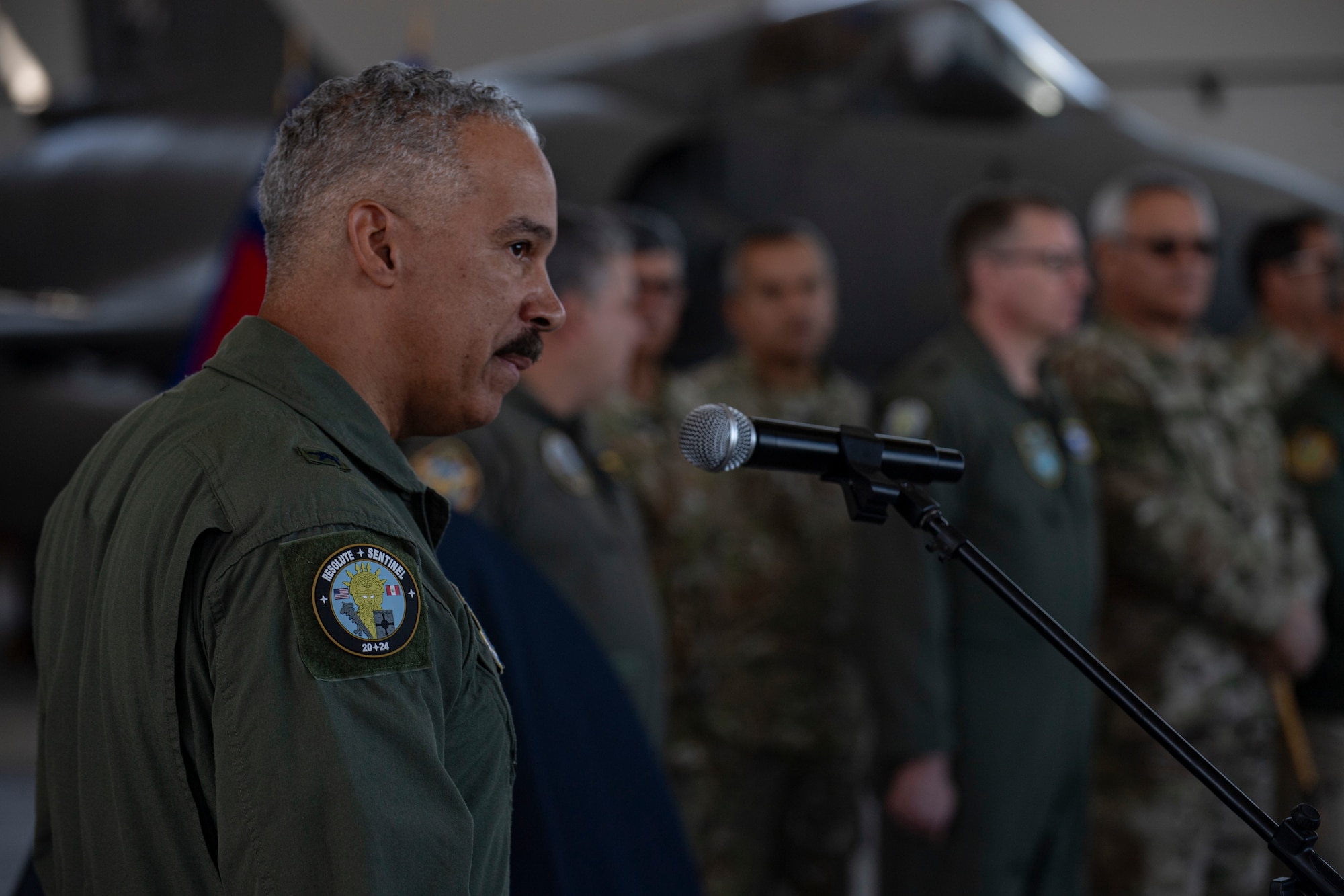 U.S. Air Force Brig. Gen. David Cochran, assistant adjutant general and commander of the West Virginia Air National Guard, delivers remarks at the opening ceremony for Resolute Sentinal 2024 at Grupo 4 in La Joya, Peru, May 27, 2024.