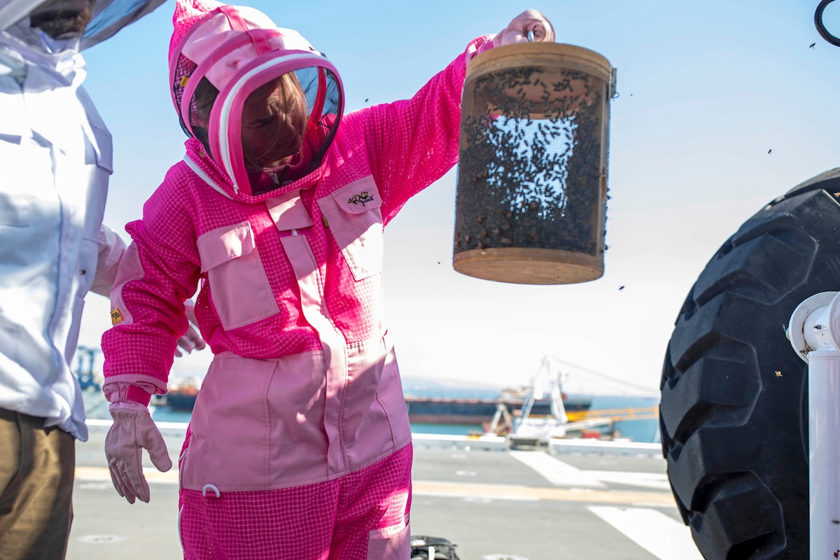 A sailor in a pink beekeeper's uniform lifts a portable beehive for inspection aboard the flight deck of a Navy ship at daylight.